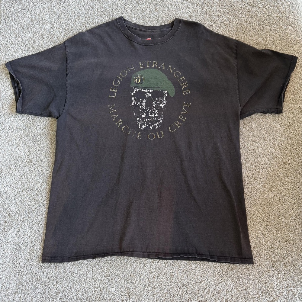 Legion Etrangere Skull Shirt Mens 2XL Black Graphic Military Tee T-Shirt Hanes